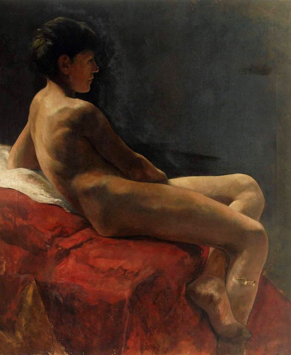 Nude_Seated_on_a_red_towel_on_be