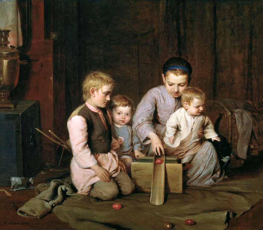 Children roll Easter eggs, 1855.