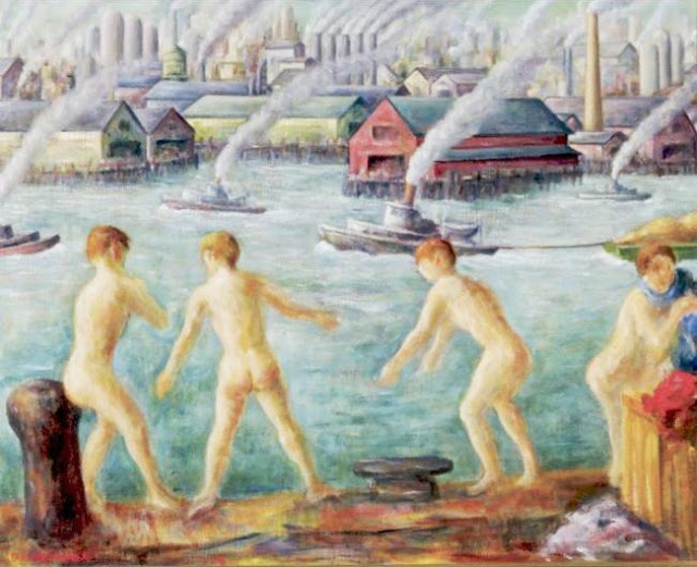 Boys Bathing in the Harbor Water